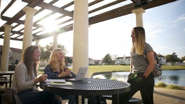 girls on library porch