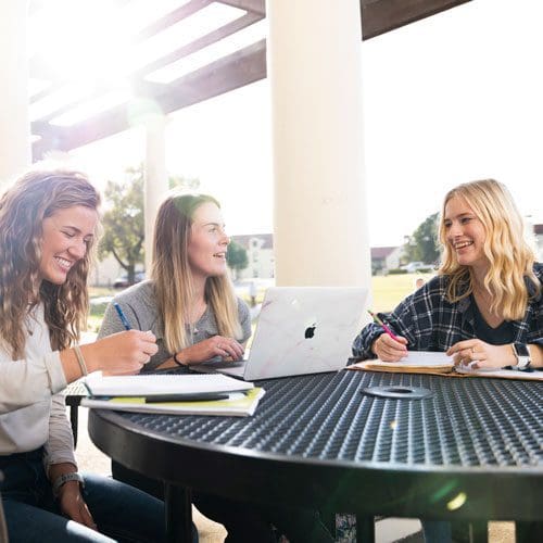 OKWU Students working together outside the library