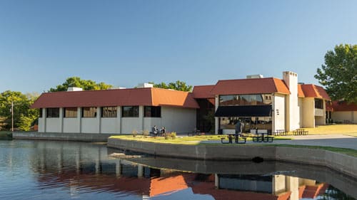 Photo of the exterior of Haltom Campus Center and Doc Lacy's Coffee Shop