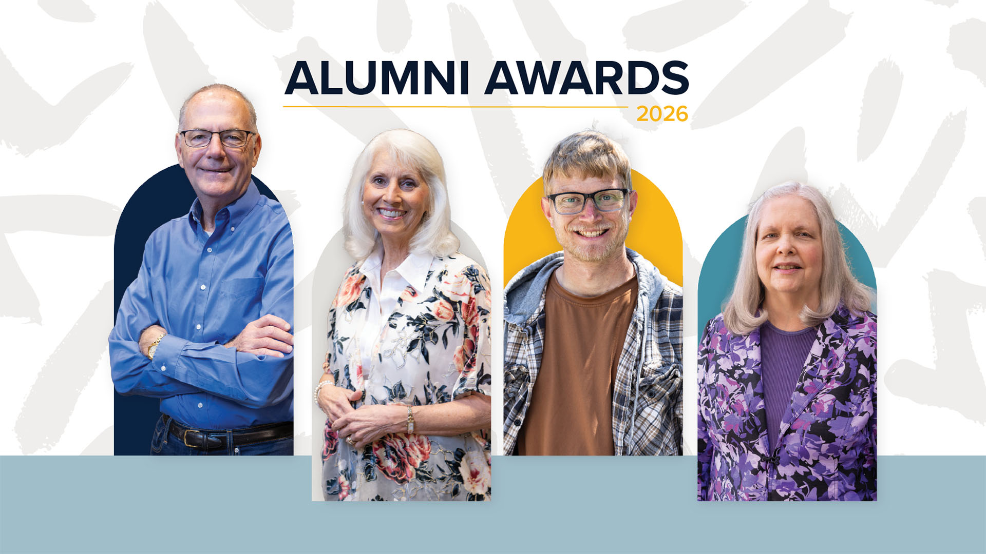 Graphic displaying the Alumni Award winners Joe and Dawn Marie Colaw, Nathan Wall, and Charissa Dunn